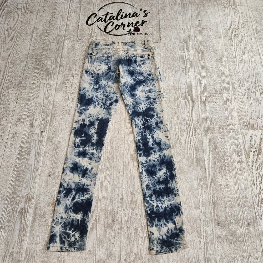 Rock Baby Love Blue White Acid Wash Tie Dye Skinny Jeans Size 1 Y2K Grunge Boho
